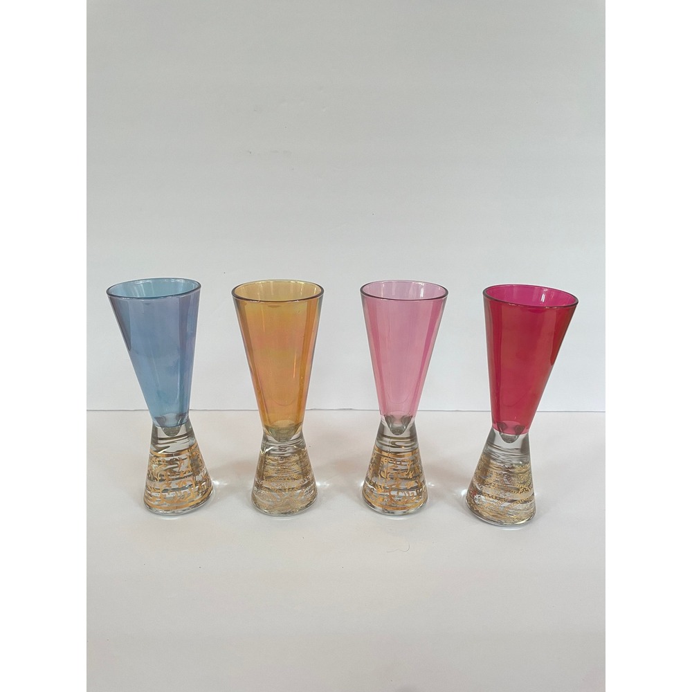 Timon Glass Italy Cordial Glasses Set 4 Multi Color Gold Filigree Hand Decorated